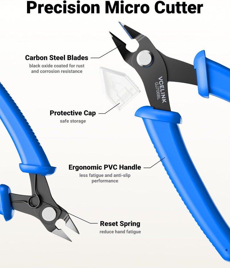 VCELINK Small Wire Cutter Spring-loaded GJ706BL, Precision Flush Cutter Pliers Diagonal Cutters for Electronics, Jewelry Making, Model Craft and 3D Printer, 5-Inch - Image 2